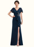 Amaya Sheath/Column V-neck Floor-Length Chiffon Mother of the Bride Dress With Beading Split Front Cascading Ruffles STI126P0014868