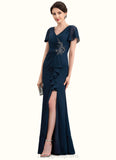 Amaya Sheath/Column V-neck Floor-Length Chiffon Mother of the Bride Dress With Beading Split Front Cascading Ruffles STI126P0014868