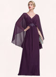 Allison A-Line V-neck Floor-Length Chiffon Mother of the Bride Dress With Ruffle Beading STI126P0014869