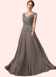 Brooklyn A-Line V-neck Floor-Length Chiffon Lace Mother of the Bride Dress With Ruffle Sequins STI126P0014870