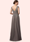 Brooklyn A-Line V-neck Floor-Length Chiffon Lace Mother of the Bride Dress With Ruffle Sequins STI126P0014870