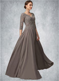 Paris A-Line V-neck Floor-Length Chiffon Lace Mother of the Bride Dress With Beading Sequins STI126P0014876