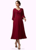 Sara A-Line V-neck Tea-Length Chiffon Mother of the Bride Dress With Pleated STI126P0014878