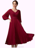 Sara A-Line V-neck Tea-Length Chiffon Mother of the Bride Dress With Pleated STI126P0014878