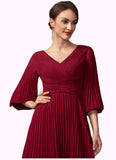 Sara A-Line V-neck Tea-Length Chiffon Mother of the Bride Dress With Pleated STI126P0014878