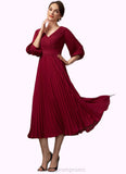 Sara A-Line V-neck Tea-Length Chiffon Mother of the Bride Dress With Pleated STI126P0014878