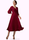 Sara A-Line V-neck Tea-Length Chiffon Mother of the Bride Dress With Pleated STI126P0014878