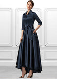 Rosalie A-Line V-neck Asymmetrical Satin Mother of the Bride Dress With Bow(s) Pockets STI126P0014879