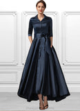 Rosalie A-Line V-neck Asymmetrical Satin Mother of the Bride Dress With Bow(s) Pockets STI126P0014879