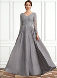 Ashly A-Line V-neck Floor-Length Chiffon Lace Mother of the Bride Dress STI126P0014881