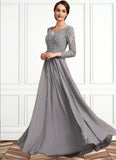 Ashly A-Line V-neck Floor-Length Chiffon Lace Mother of the Bride Dress STI126P0014881