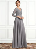 Ashly A-Line V-neck Floor-Length Chiffon Lace Mother of the Bride Dress STI126P0014881