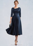 Hazel A-Line V-neck Tea-Length Satin Mother of the Bride Dress With Ruffle STI126P0014883