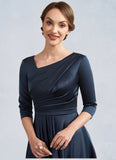 Hazel A-Line V-neck Tea-Length Satin Mother of the Bride Dress With Ruffle STI126P0014883