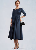 Hazel A-Line V-neck Tea-Length Satin Mother of the Bride Dress With Ruffle STI126P0014883