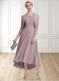 Elle A-Line Scoop Neck Asymmetrical Chiffon Lace Mother of the Bride Dress With Beading STI126P0014885