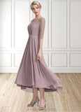 Elle A-Line Scoop Neck Asymmetrical Chiffon Lace Mother of the Bride Dress With Beading STI126P0014885