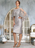 Josephine Sheath/Column Scoop Neck Knee-Length Taffeta Lace Mother of the Bride Dress With Beading Sequins STI126P0014886