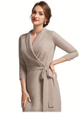 Sloane Sheath/Column V-neck Tea-Length Chiffon Mother of the Bride Dress With Bow(s) STI126P0014891