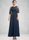 Luna A-Line Scoop Neck Ankle-Length Chiffon Lace Mother of the Bride Dress With Beading Sequins STI126P0014892