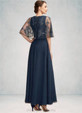 Luna A-Line Scoop Neck Ankle-Length Chiffon Lace Mother of the Bride Dress With Beading Sequins STI126P0014892