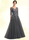 Maisie A-Line V-neck Floor-Length Tulle Lace Mother of the Bride Dress With Beading Sequins STI126P0014895