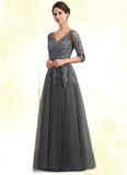 Maisie A-Line V-neck Floor-Length Tulle Lace Mother of the Bride Dress With Beading Sequins STI126P0014895