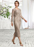 Giuliana Sheath/Column Scoop Neck Tea-Length Lace Mother of the Bride Dress With Sequins STI126P0014898