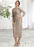 Giuliana Sheath/Column Scoop Neck Tea-Length Lace Mother of the Bride Dress With Sequins STI126P0014898