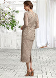 Giuliana Sheath/Column Scoop Neck Tea-Length Lace Mother of the Bride Dress With Sequins STI126P0014898