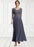 Catherine A-Line V-neck Ankle-Length Chiffon Lace Mother of the Bride Dress STI126P0014899