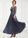 Catherine A-Line V-neck Ankle-Length Chiffon Lace Mother of the Bride Dress STI126P0014899