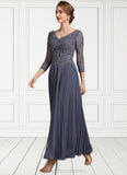 Catherine A-Line V-neck Ankle-Length Chiffon Lace Mother of the Bride Dress STI126P0014899