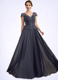 Sadie A-Line V-neck Floor-Length Chiffon Lace Mother of the Bride Dress With Sequins STI126P0014901