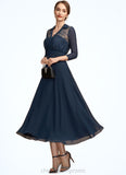 Penelope A-Line V-neck Tea-Length Chiffon Lace Mother of the Bride Dress STI126P0014905