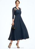 Penelope A-Line V-neck Tea-Length Chiffon Lace Mother of the Bride Dress STI126P0014905