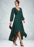 Eliza A-Line V-neck Asymmetrical Chiffon Mother of the Bride Dress With Bow(s) Cascading Ruffles STI126P0014909