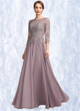 Evie A-Line Scoop Neck Floor-Length Chiffon Lace Mother of the Bride Dress With Sequins STI126P0014918