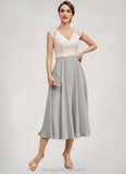 Lila A-Line V-neck Tea-Length Chiffon Lace Mother of the Bride Dress With Beading STI126P0014919