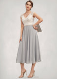 Lila A-Line V-neck Tea-Length Chiffon Lace Mother of the Bride Dress With Beading STI126P0014919