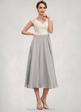 Lila A-Line V-neck Tea-Length Chiffon Lace Mother of the Bride Dress With Beading STI126P0014919