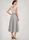 Lila A-Line V-neck Tea-Length Chiffon Lace Mother of the Bride Dress With Beading STI126P0014919