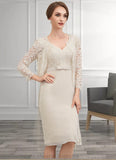 Angeline Sheath/Column V-neck Knee-Length Chiffon Lace Mother of the Bride Dress With Bow(s) STI126P0014924