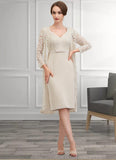 Angeline Sheath/Column V-neck Knee-Length Chiffon Lace Mother of the Bride Dress With Bow(s) STI126P0014924