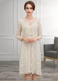 Angeline Sheath/Column V-neck Knee-Length Chiffon Lace Mother of the Bride Dress With Bow(s) STI126P0014924