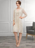 Angeline Sheath/Column V-neck Knee-Length Chiffon Lace Mother of the Bride Dress With Bow(s) STI126P0014924