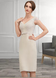 Angeline Sheath/Column V-neck Knee-Length Chiffon Lace Mother of the Bride Dress With Bow(s) STI126P0014924