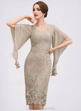 Denisse Sheath/Column V-neck Knee-Length Chiffon Lace Mother of the Bride Dress With Cascading Ruffles STI126P0014925