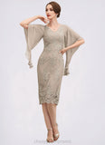 Denisse Sheath/Column V-neck Knee-Length Chiffon Lace Mother of the Bride Dress With Cascading Ruffles STI126P0014925