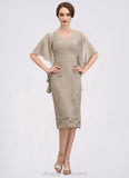 Denisse Sheath/Column V-neck Knee-Length Chiffon Lace Mother of the Bride Dress With Cascading Ruffles STI126P0014925